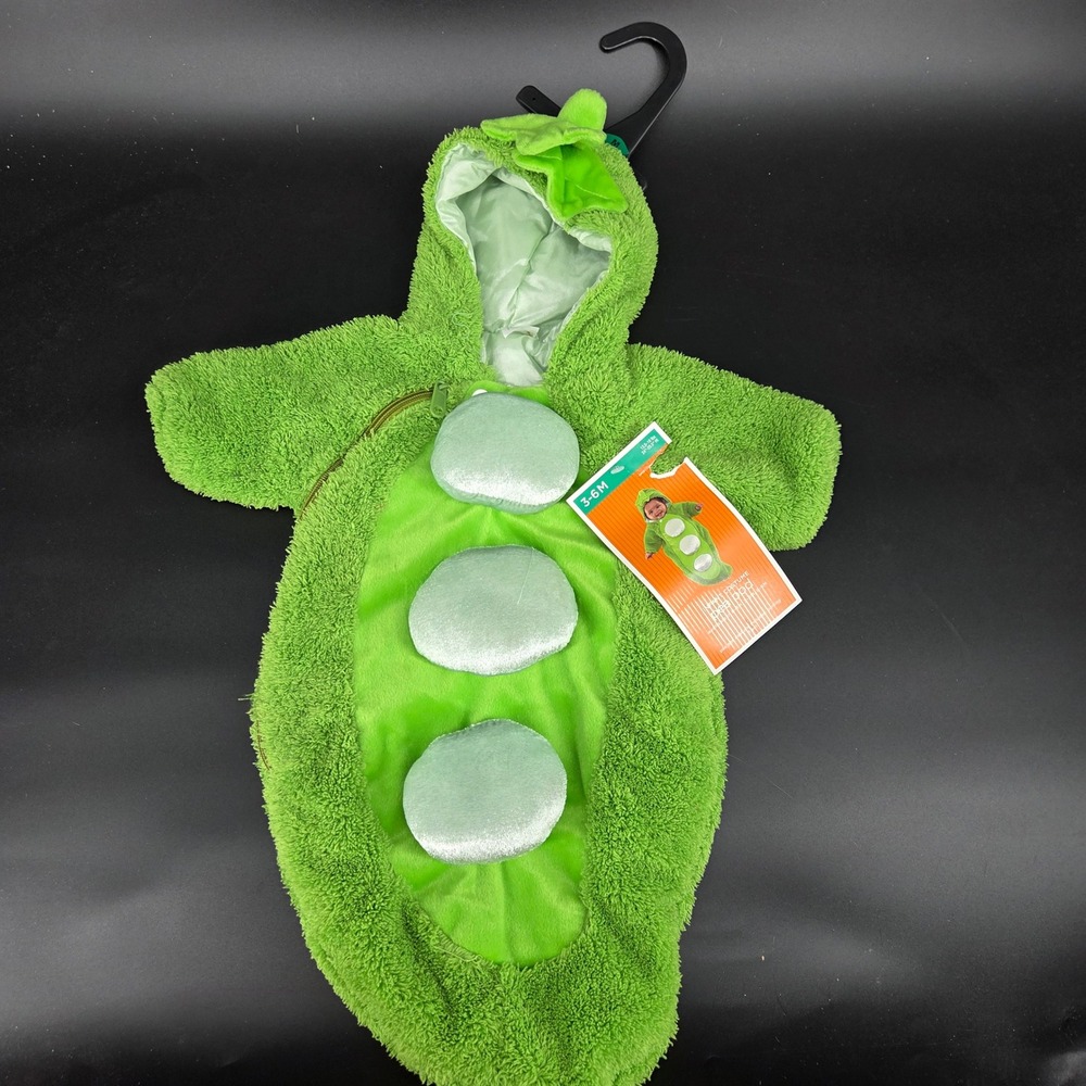 Infant Pea Pod Costume Green Bunting 3-6M Halloween Baby Dress Up Hooded Plush